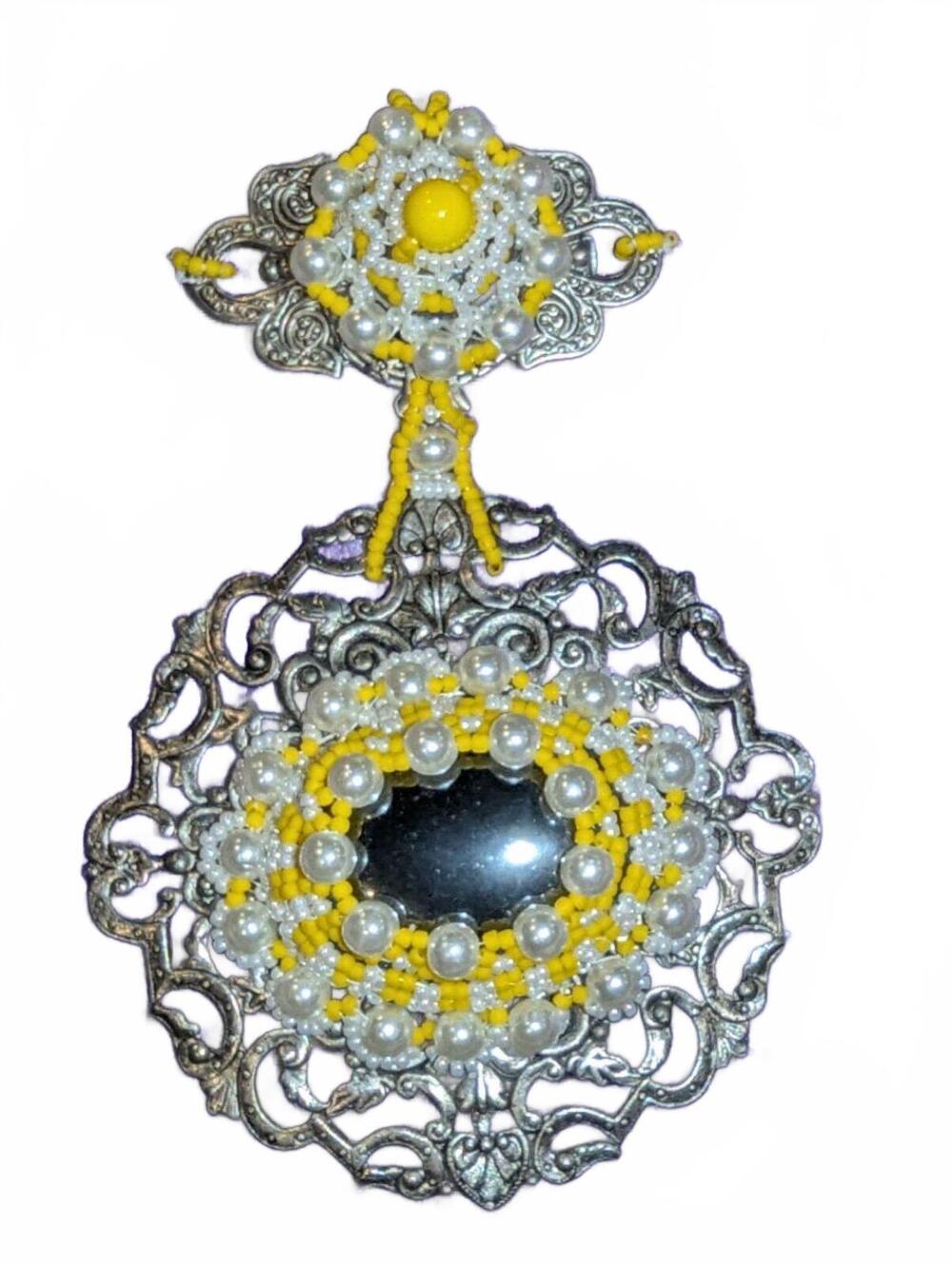 Vintage Ornate Beaded Statement Brooch Pendant in Silver Tone